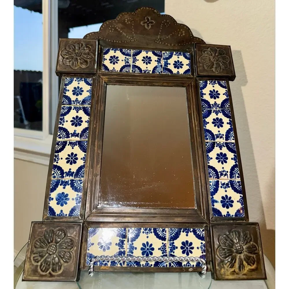 Vintage Mexican Talavera Tile Tin Wall Mirror Blue White Folk Art 20 x 12